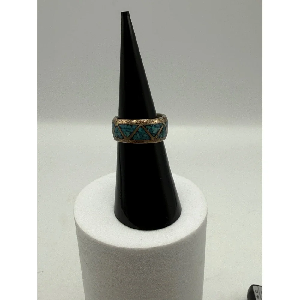 Vintage Southwestern Turquoise Chip Inlay Geometric Band Ring Size 5.25 Boho
